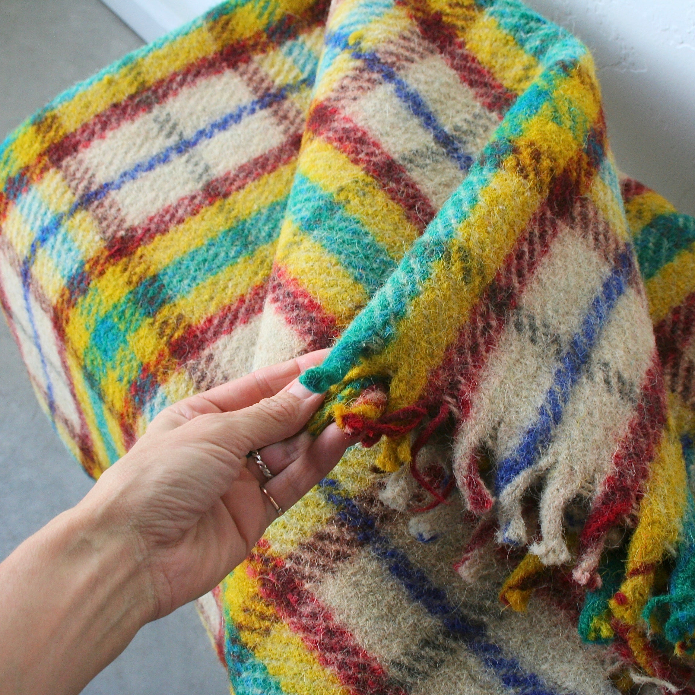 Plaid Wool Khadi Throw - Yellow, Green, Cream