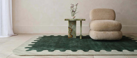 beige lounge green rug