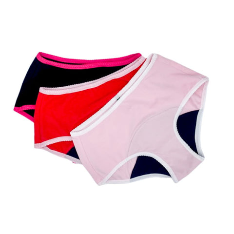 3 culottes menstruelles pour adolescente rose - flux léger, la rouge - flux moyen,  la noire - flux abondant en coton bio conçues et fabriquée en Belgique