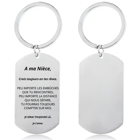 Porte-clé en acier inoxydable gravé avec un message pour nièce