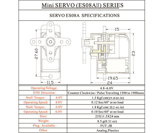 EMAX ES08A II Mini Plastic Gear Analog Servo 1.8kg-sec for RC Models 