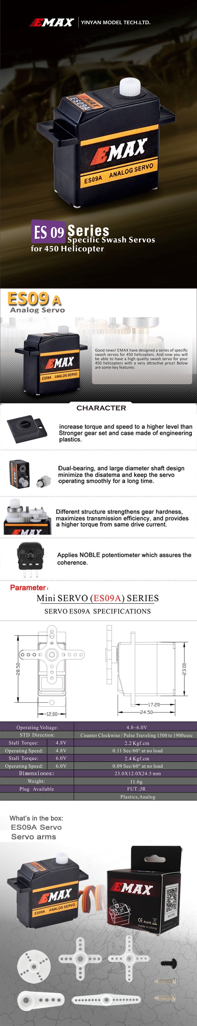 ES09A (dual-bearing) specific swash servo for 450 helicopters