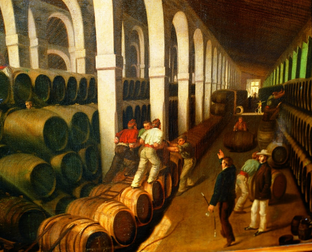 Painting of Arrumbadores in a bodega in Jerez