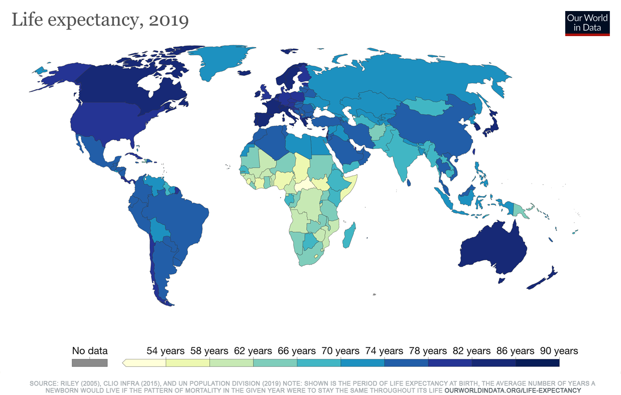 World map showing the Life expectancy, 2019.