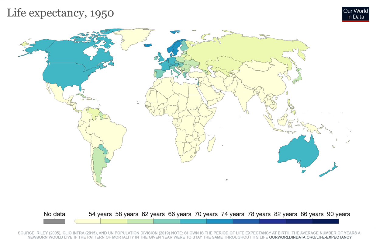World map showing the Life expectancy, 1950.