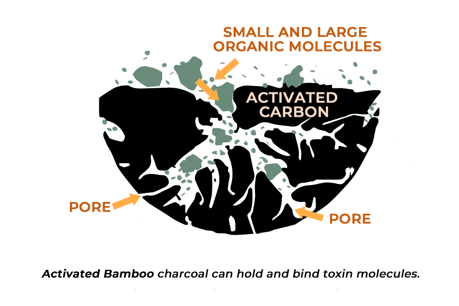 Diagram showing the structure of activated bamboo charcoal with the charcoal's ability to absorb small and large molecules through its various size pores.