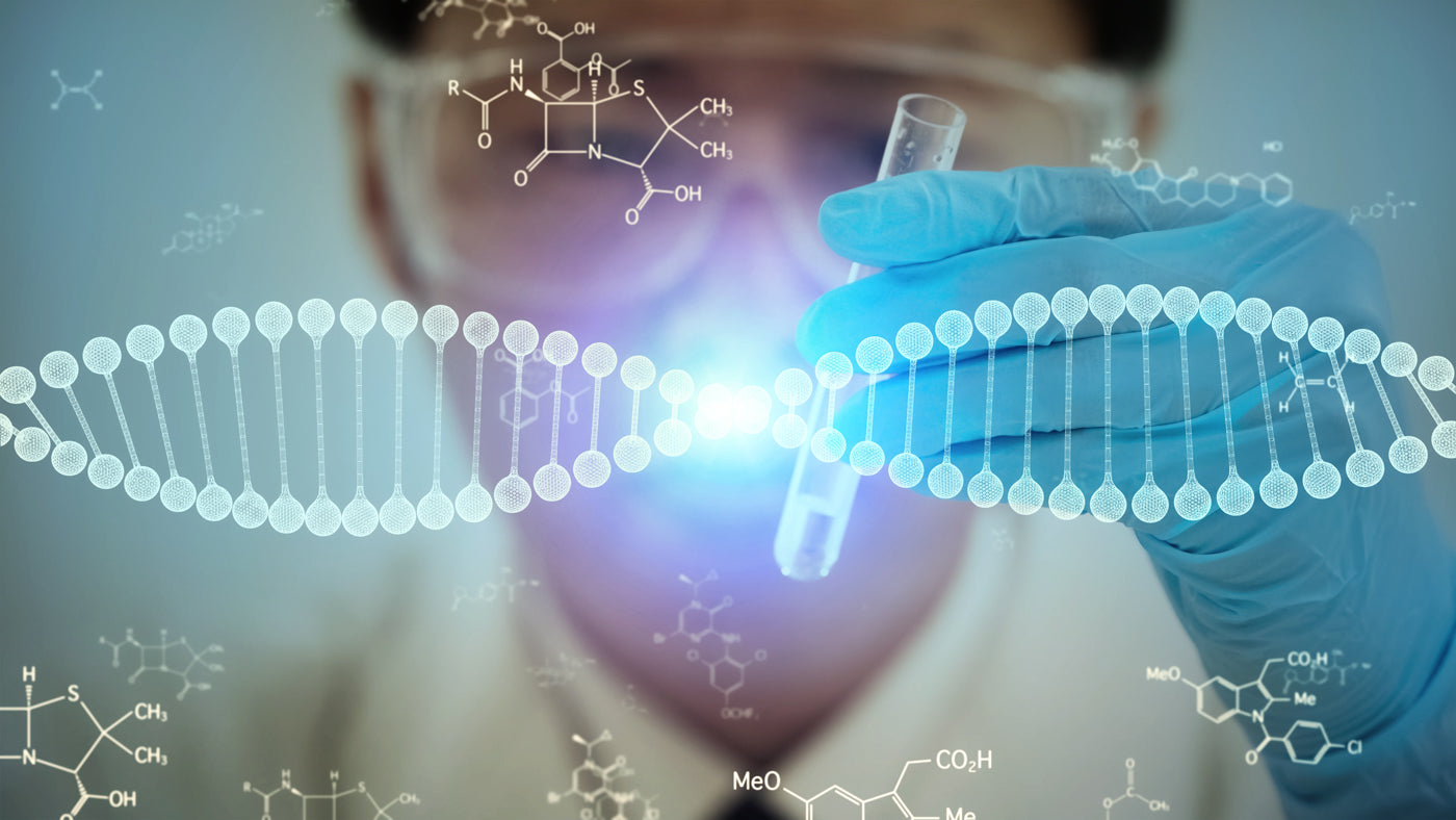 A glowing floating DNA strand in front of a scientist holding a test tube.