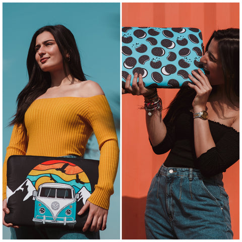 Model holding 2 laptop sleeves designs.