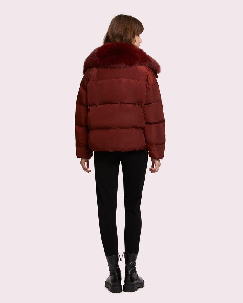Short hooded down jacket in technical fabric with fox fur collar - burgundy