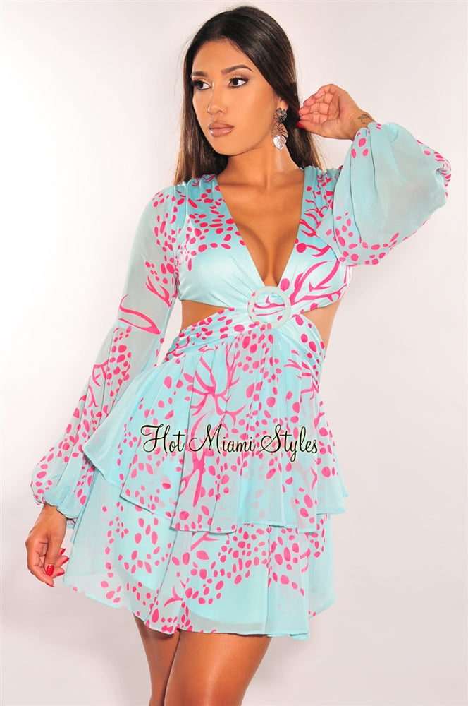 Aqua Pink Print V Neck Long Sleeve O Ring Cut Out Dress Hot Miami Styles