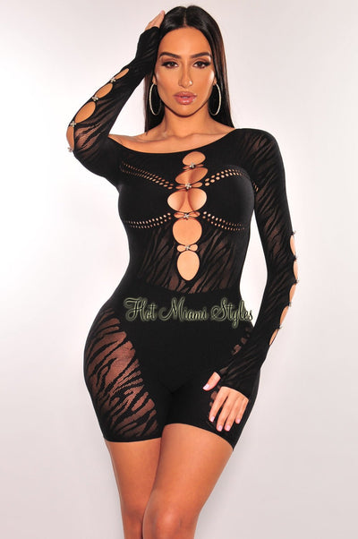 Black Rhinestone Off Shoulder Cut Out Seamless Dress - Hot Miami
