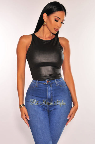 Black Faux Leather Round Neck Sleeveless Crop Top - Hot Miami Styles