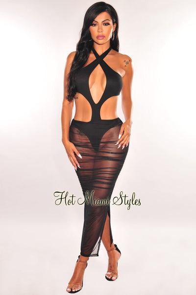 Misbehaved Black Ruched Mesh Bandeau Strapless Dress – Nazz Collection