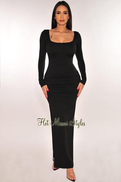 Long Sleeve Square Neck Maxi Bodycon Dress - Black / S