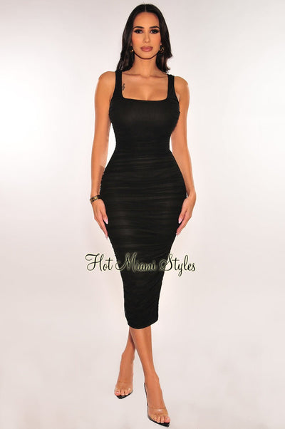 Black Sheer Mesh Sleeveless Ruched Dress - Hot Miami Styles