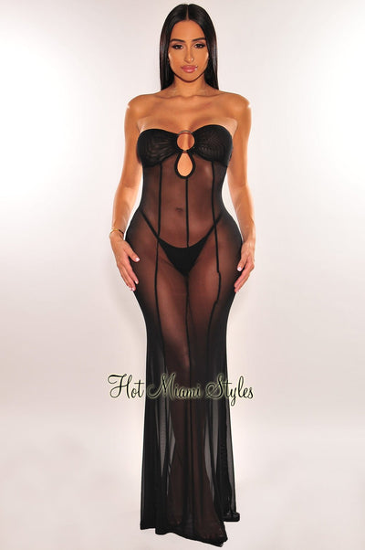 Black Strapless Sexy Dress With Sheer Mesh Design, No Bra Set Included