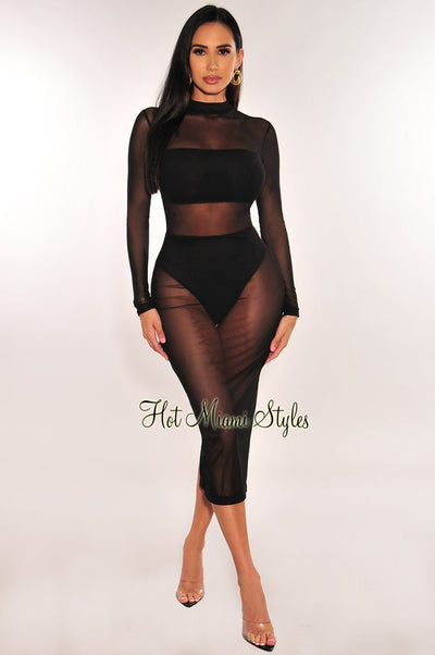 Black Sheer Mesh Long Sleeve Cover Up Dress