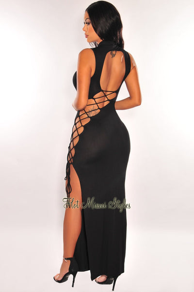 Black Mesh Mock Neck Sheer Cut Out Long Sleeve Dress