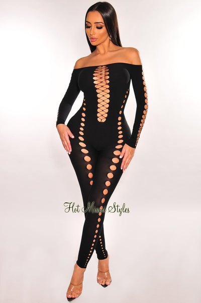 Black Mock Neck Sheer Cut Out Long Sleeve Jumpsuit - Hot Miami Styles