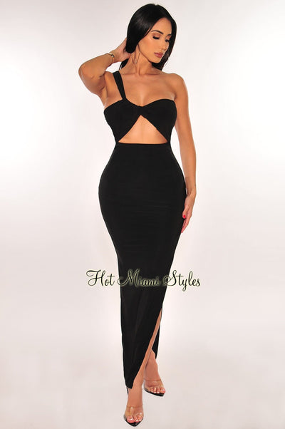 Nude Shimmery One Shoulder O-Ring Cut Out Slit Maxi Dress – Hot Miami Styles