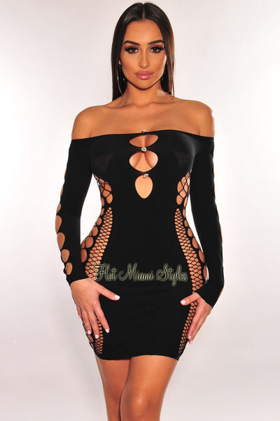 Black Rhinestone Cut Out Long Sleeve Seamless Dress - Hot Miami Styles