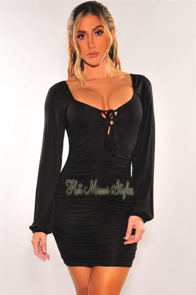 Black Mesh Spaghetti Strap Lace Up Sides Ruched Dress – Hot Miami