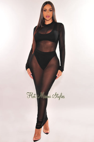 Black Mesh Sheer Button Up Mini Dress - Hot Miami Styles