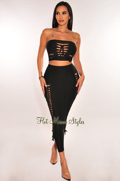 Black Mesh Cut Out Strappy Bodysuit Pants Two Piece Set