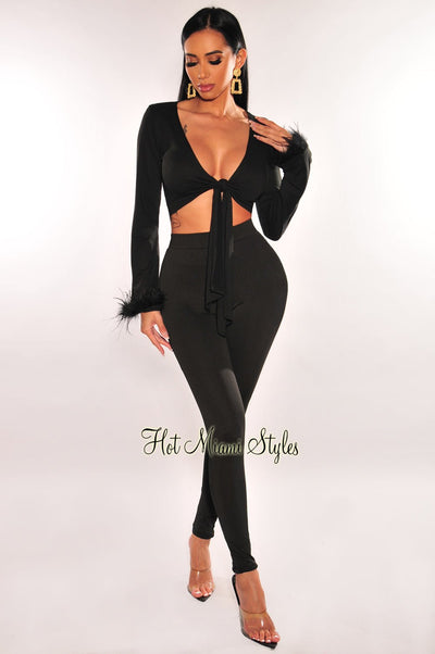 Black Tie Up Long Sleeve High Waist Palazzo Two Piece Set - Hot