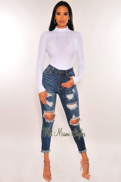 Light Denim Distressed Knee High Waist Skinny Jeans - Hot Miami Styles