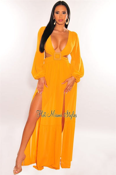 Yellow Sleeveless V Neck Double Slit Cover Up Maxi Dress