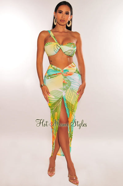 Miami - Tropical Print Long Sleeve Plunge Front Bodysuit