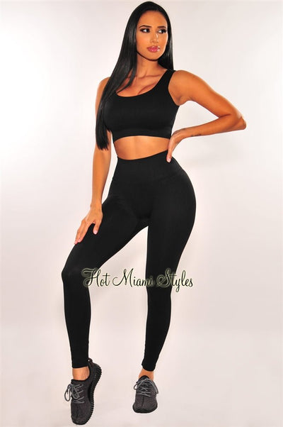 HMS Fit: Black Racerback Butt Lifting Leggings Two Piece Set - Hot