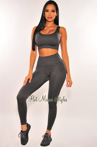 HMS Fit: Light Gray Textured Padded Butt Lifting Leggings Two Piece Set -  Hot Miami Styles