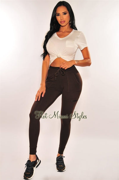 Chocolate Ribbed Knit High Waist Leggings - Hot Miami Styles
