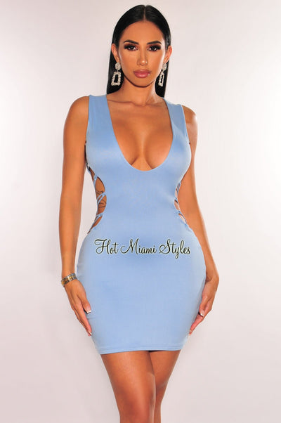 Red Halter O-Ring Cut Out Strap Slit Dress - Hot Miami Styles