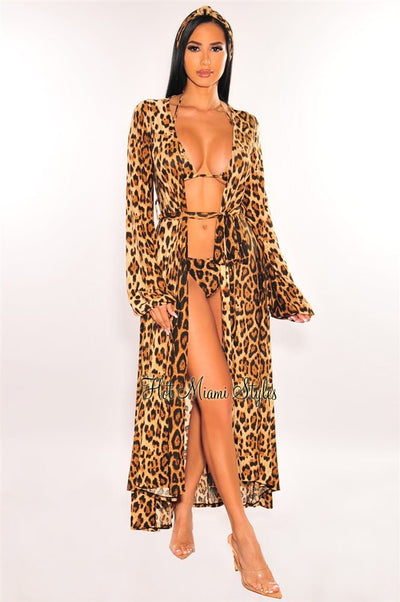 Toffee Mesh Long Sleeves Belted Maxi Cover Up - Hot Miami Styles
