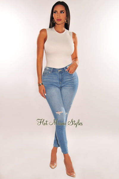 Fashion Solid Denim 5 Button High Waist Rugged Slim Fit Stretchable Ankle  Length Light Blue Jeans