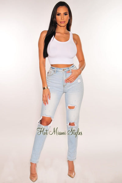 Light Denim Distressed Knee High Waist Skinny Jeans - Hot Miami Styles