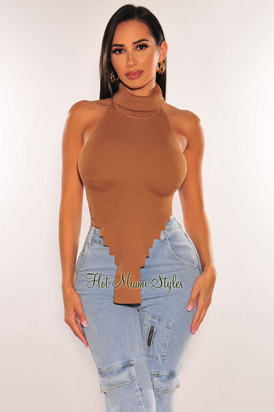 Tangerine Ribbed Knit Turtleneck Asymmetrical Hem Crop Top - Hot Miami  Styles