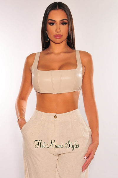 Black Faux Leather Round Neck Sleeveless Crop Top - Hot Miami Styles