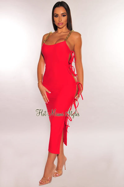 Red Halter O-Ring Cut Out Strap Slit Dress - Hot Miami Styles