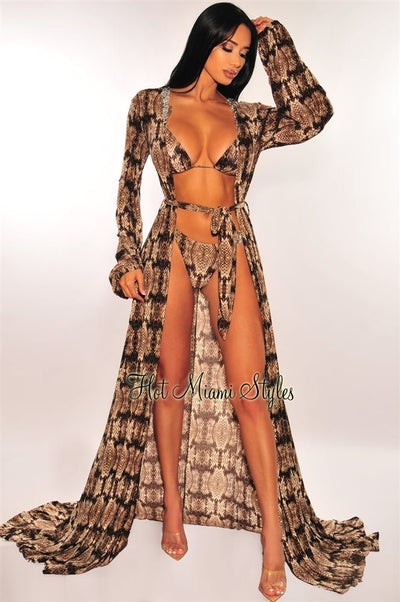 Purple Mesh Long Sleeves Belted Maxi Cover Up - Hot Miami Styles