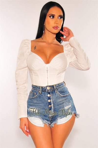 Navy Padded Long Sleeve Cut Out Tie Up Back Bustier Crop Top - Hot Miami  Styles