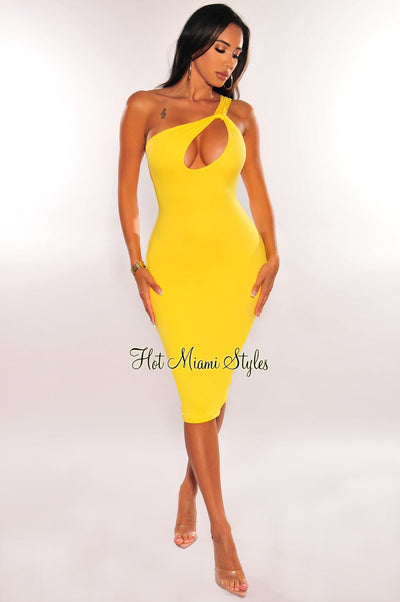 Bright Neon Yellow Lace One-Shoulder Bodycon Midi Dress - Women