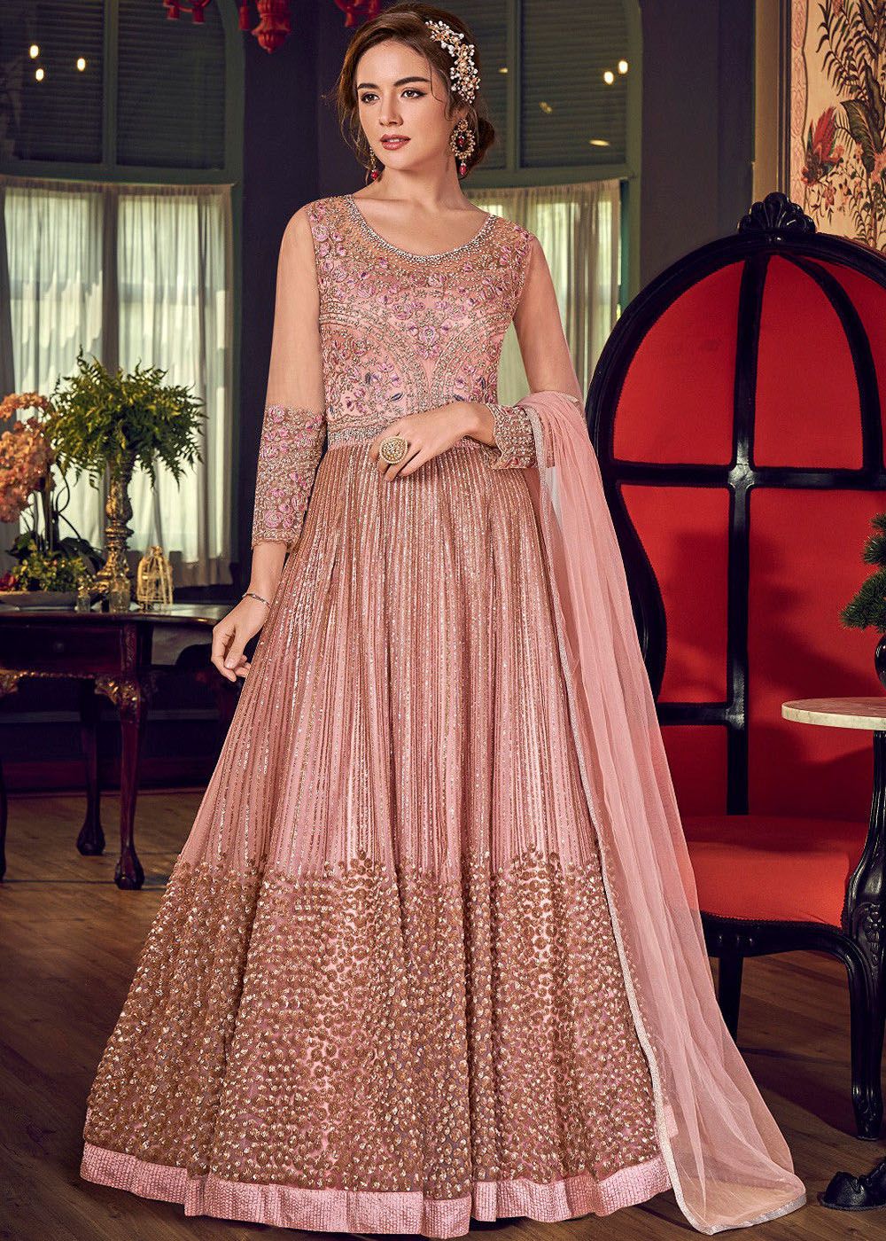 embroidered net abaya style suit in peach