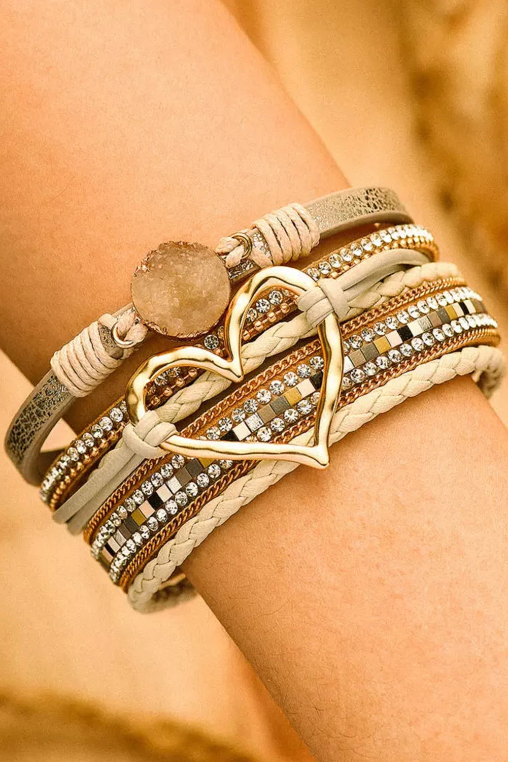 Braided Heart and Rhinestone Stacked Bracelet