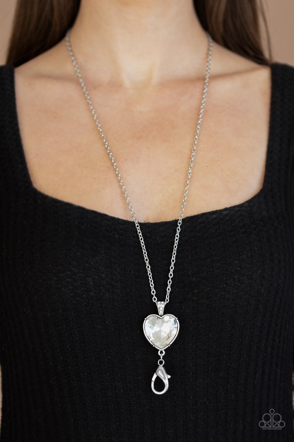 Lovely Luminosity - Paparazzi - White Rhinestone Heart Pendant Lanyard ...