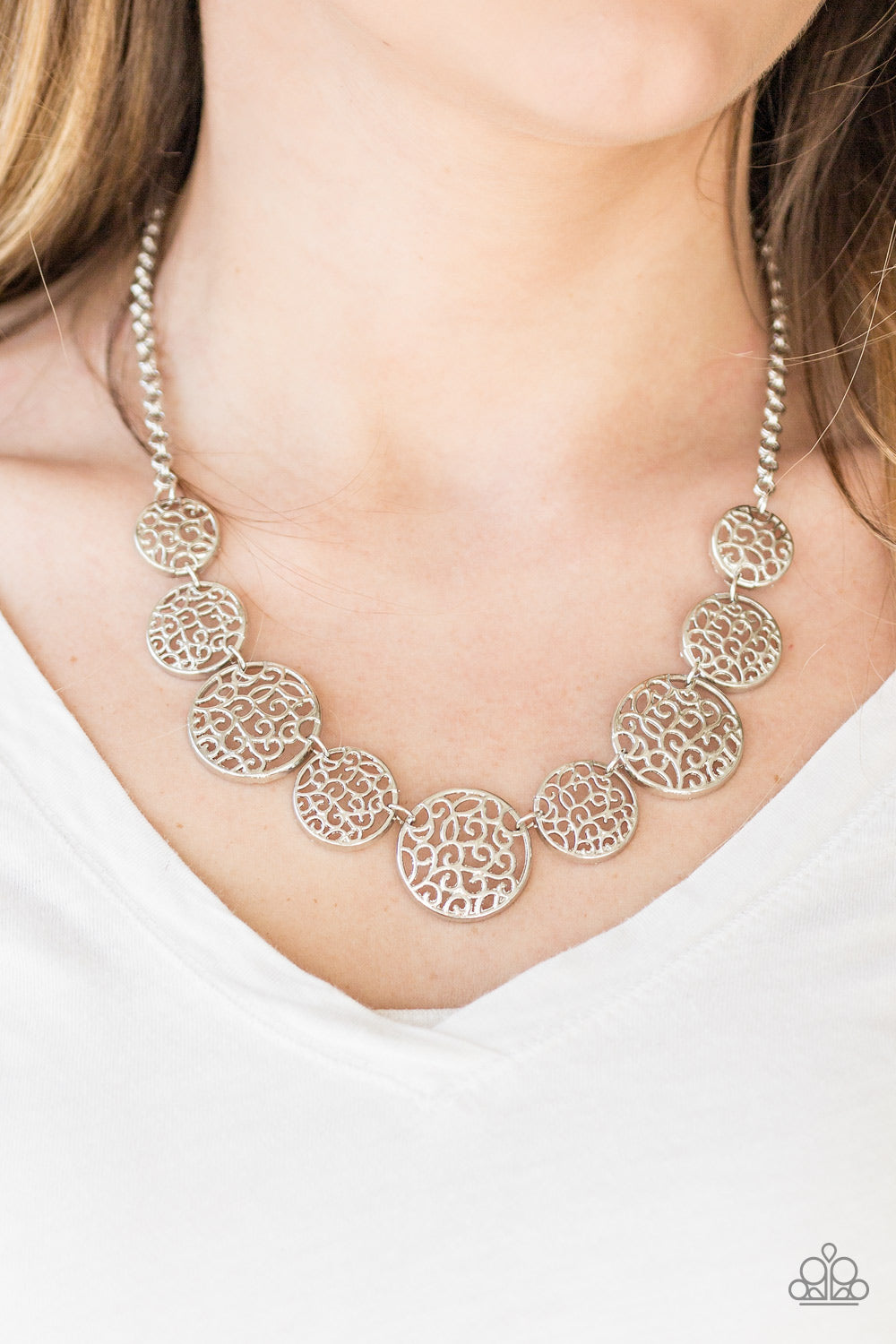 Paparazzi All the Time in the WHIRL - Silver Filigree Circle Necklace ...