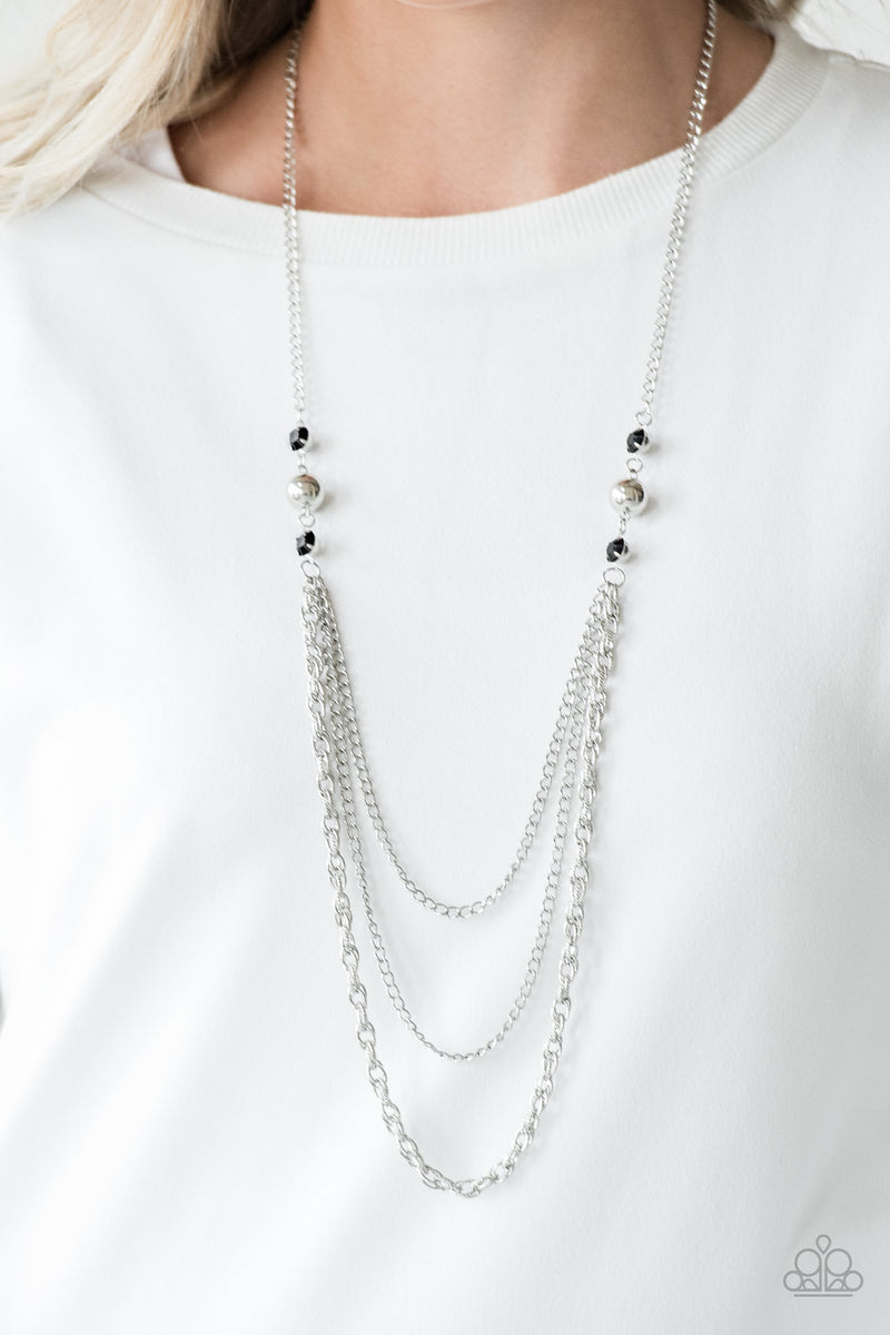 Paparazzi RITZ it All - Black Rhinestone Silver Bead Layered Necklace